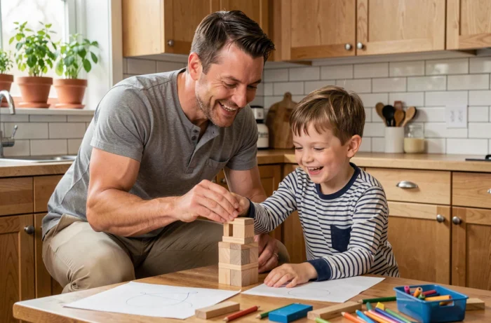 Père et fils qui construisent ensemble une tour en bois dans une cuisine familiale, moment de complicité parentale
