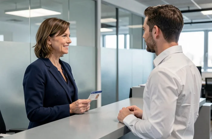 Femme présentant sa carte Vitale à un agent d'accueil de la CPAM dans une agence administrative moderne