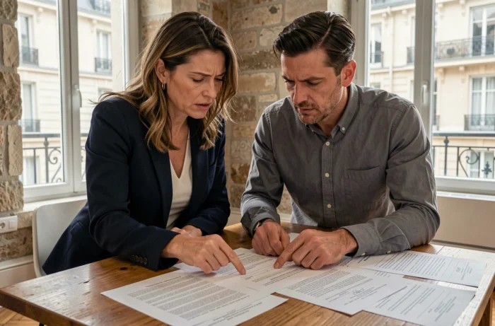 Couple examinant des documents immobiliers avant l'achat d'un appartement à Lyon