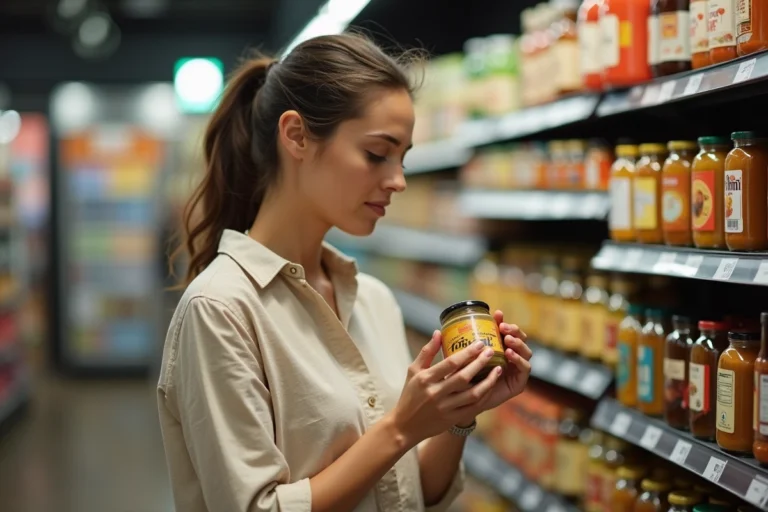 Femme lisant l'étiquette d'un pot de tahini dans le rayon condiments d'un supermarché