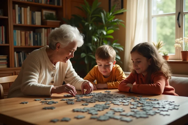 Famille multigénérationnelle réunie autour d'un puzzle en bois dans un salon chaleureux, activité de loisir pour tous les âges
