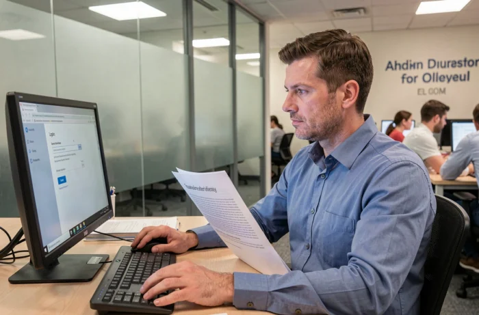 Agent administratif universitaire consultant un guide de dépannage pour résoudre un problème d'accès à la messagerie Pia