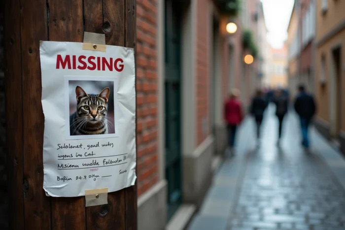 Affiche de chat disparu collée sur un poteau en bois dans une rue résidentielle sous la pluie
