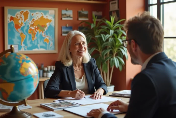 Agente de voyage conseillant une cliente sur un itinéraire personnalisé dans une agence de voyage boutique avec globe et brochures