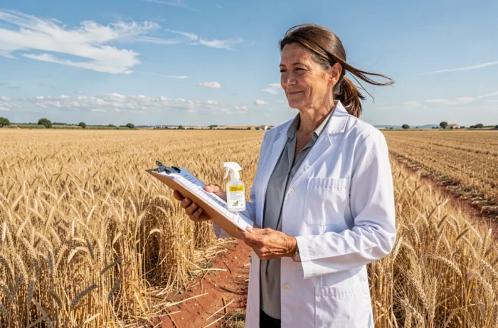 Agronome féminine inspectant des cultures dans un champ de blé au Portugal avec un herbicide à base de glyphosate