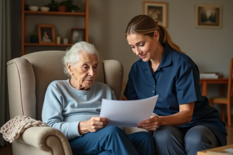 Aide à domicile ADMR accompagnant une personne âgée pour expliquer les nouveaux tarifs de services en 2026