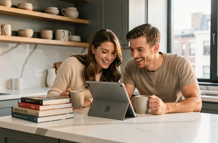 Deux amis regardant une série en streaming gratuit sur une tablette dans une cuisine moderne