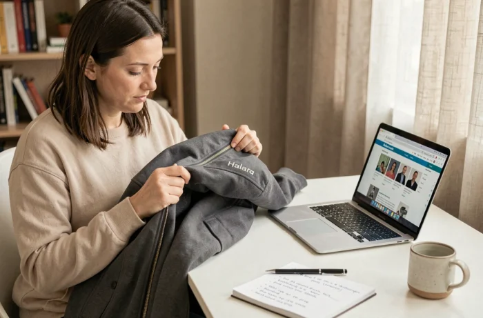 Femme analysant la qualité d'une veste Halara à son bureau tout en consultant un site d'avis clients en ligne