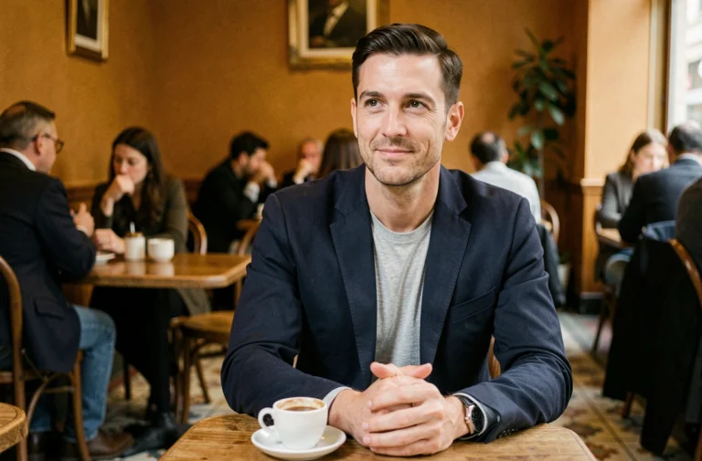 Anthony Bellanger assis dans un café parisien, posture calme et réservée, illustrant sa discrétion sur sa vie de couple