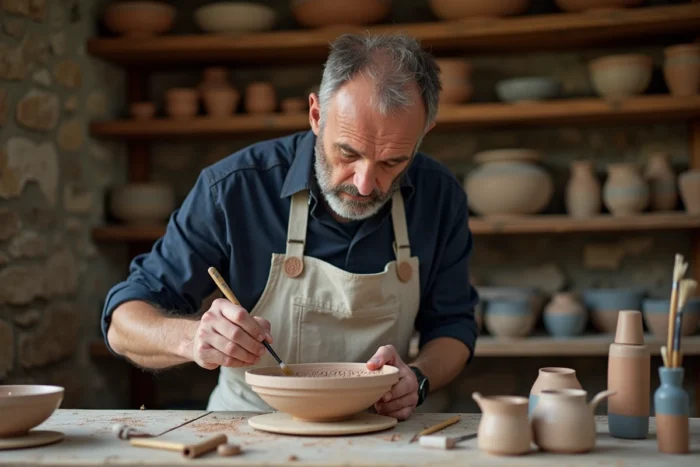 Artisan breton peignant des motifs celtiques sur une poterie artisanale dans un atelier traditionnel en pierre