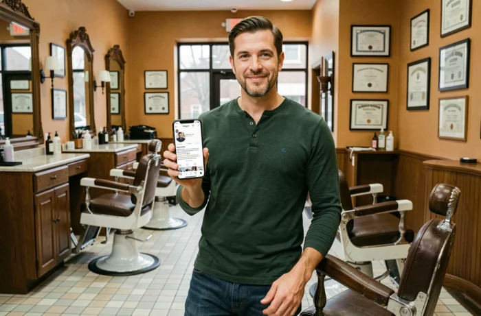 Artisan barbier présentant le profil Instagram professionnel de son salon sur smartphone avec avis clients et géolocalisation