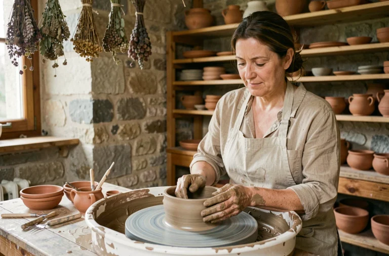 Artisane française façonnant un bol en céramique sur un tour de potier dans un atelier en pierre authentique