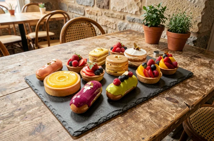 Assortiment de pâtisseries françaises contemporaines et desserts gourmands sur ardoise dans un café parisien