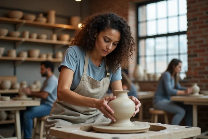 Adultes participant à un atelier de poterie céramique dans un studio urbain artistique, loisir créatif et activité manuelle