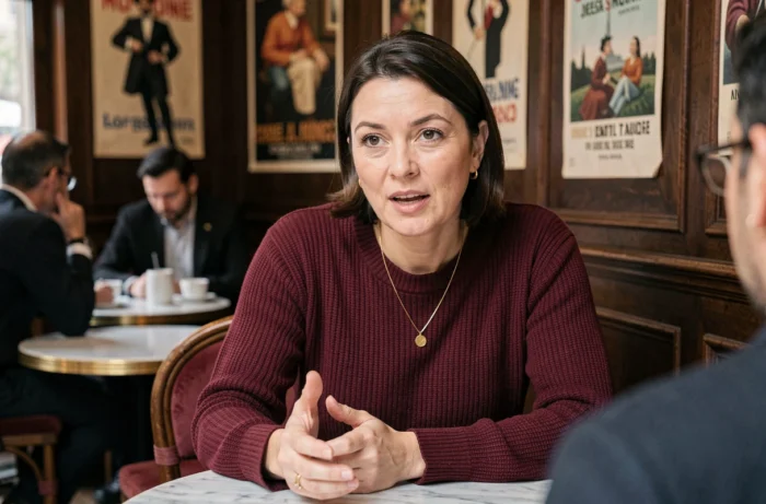 Femme expressive en pull bordeaux dans un café parisien partageant son histoire personnelle lors d'un entretien, illustrant le parcours inspirant d'Aurore Malval