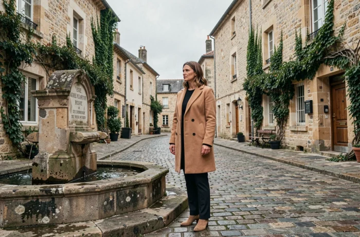 Femme en manteau camel debout dans un village historique français contemplant une plaque commémorative, évoquant le parcours et les origines d'Aurore Malval