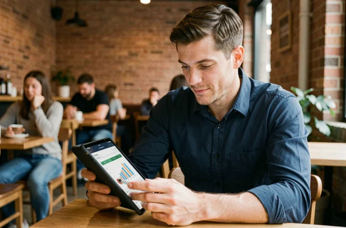 Homme consultant les statistiques de son blog sur une tablette dans un café moderne et urbain