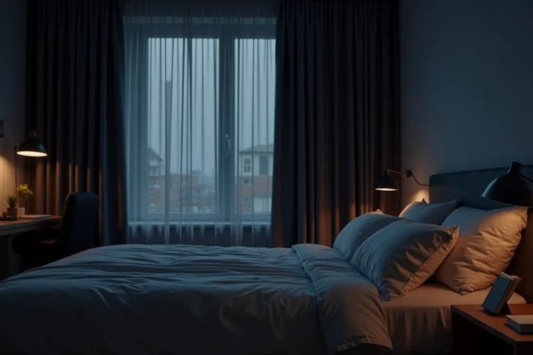 Chambre à coucher sombre et paisible avec fenêtre entièrement occultée par des rideaux épais pour favoriser le sommeil