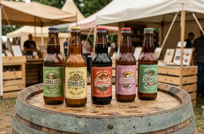 Rangée de bouteilles de bière artisanale avec étiquettes autocollantes personnalisées sur un tonneau en chêne au marché