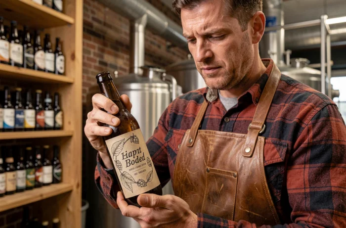Brasseur artisanal appliquant une étiquette autocollante sur une bouteille de bière ambrée dans une brasserie en briques