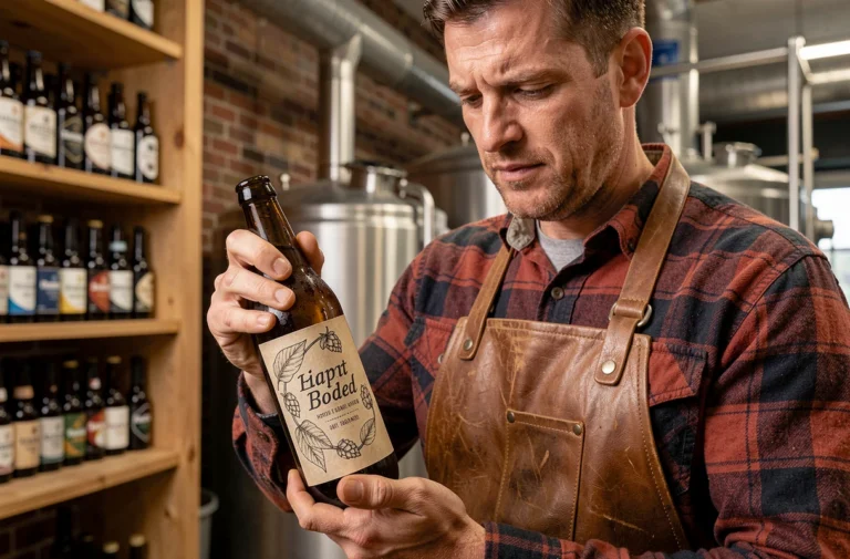 Brasseur artisanal appliquant une étiquette autocollante sur une bouteille de bière ambrée dans une brasserie en briques