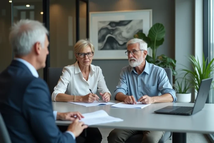 Couple de cadres supérieurs en réunion avec un conseiller financier pour planifier leur retraite