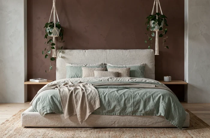 Chambre épurée style scandinave avec literie en lin sauge, tête de lit en argile et plante suspendue en macramé pour un intérieur cocooning