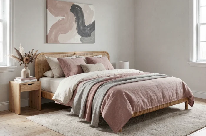 Chambre principale sereine avec literie en lin doux, tête de lit en rotin naturel et tableau abstrait pour une décoration intérieure apaisante