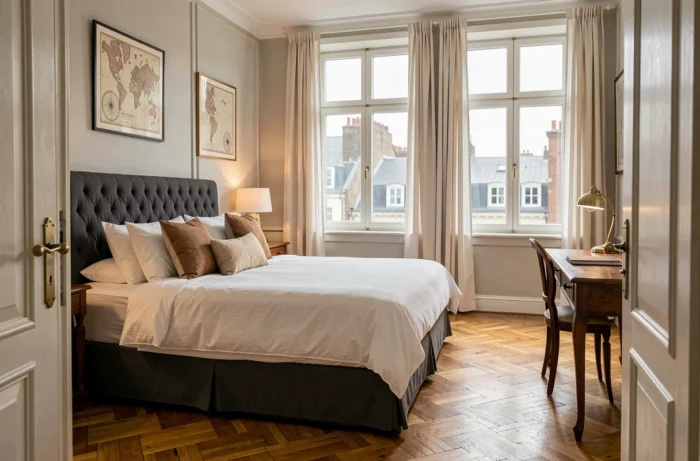 Chambre d'hôtel confortable et élégante à Bruxelles avec parquet, literie blanche et vue sur les toits de la ville