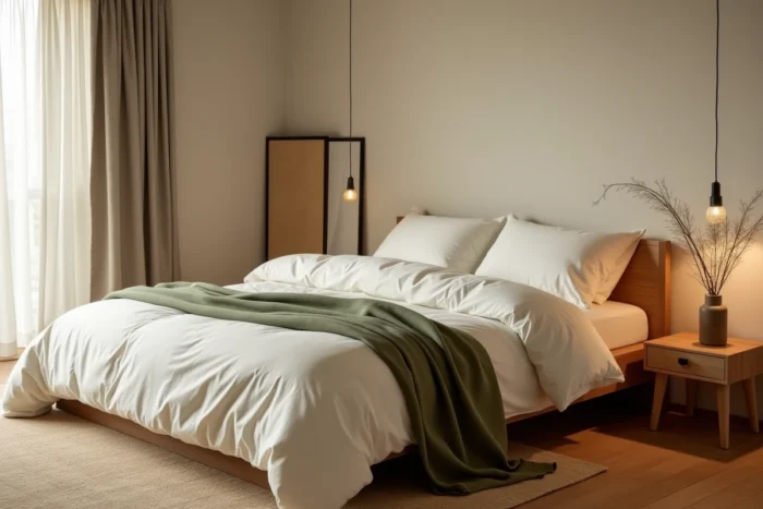 Chambre à coucher style Japandi avec literie en coton bio, parquet bambou et cloison shoji pour une ambiance intérieure apaisante et tendance