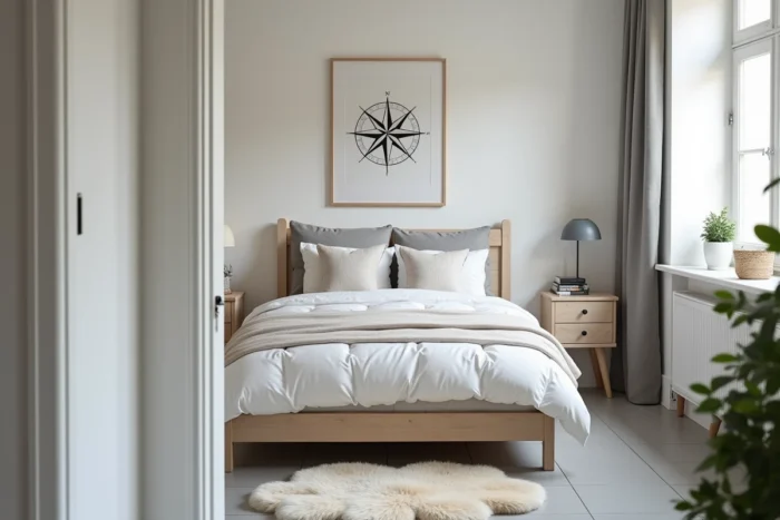 Chambre à coucher épurée en style scandinave avec un lit orienté vers le sud et une impression de boussole encadrée au-dessus du lit