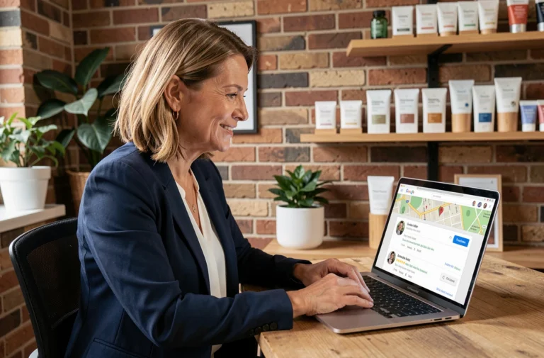 Femme cheffe d'entreprise locale consultant sa fiche Google My Business sur un ordinateur portable dans son bureau de petite boutique