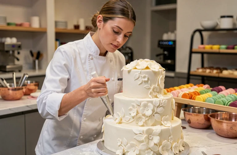 Cheffe pâtissière décorant un gâteau de mariage élaboré dans une cuisine de pâtisserie parisienne moderne