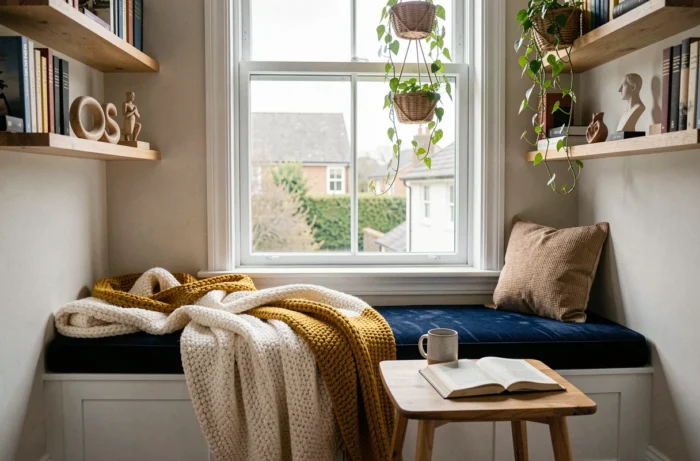 Coin lecture cosy avec banquette en velours marine, livres et plantes suspendues dans une décoration intérieure chaleureuse et élégante