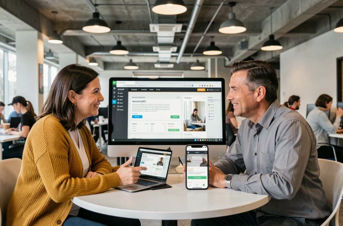 Deux professionnels collaborant sur la refonte d'un site web de commerce local avec analyse SEO et version mobile sur écran et tablette