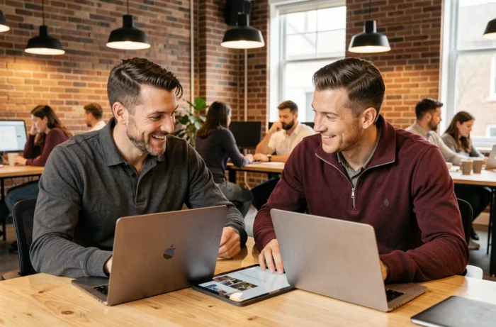 Deux hommes professionnels discutant des nouvelles actualités et contenus éditoriaux dans un espace de coworking contemporain