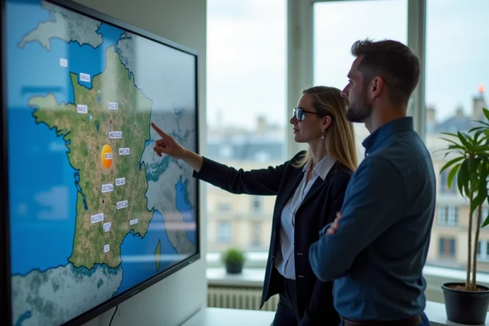 Deux collègues analysant une carte météo détaillée de France sur un écran dans un bureau moderne à Paris