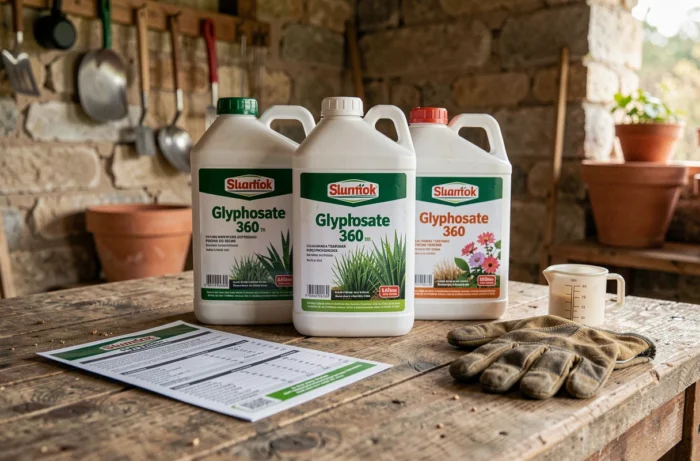 Comparaison de bouteilles de glyphosate 360 de différentes marques sur un établi en bois dans une remise agricole portugaise