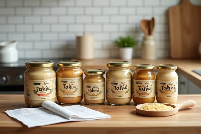 Comparaison de plusieurs marques de tahini posées sur un plan de travail avec tickets de caisse et liste de courses