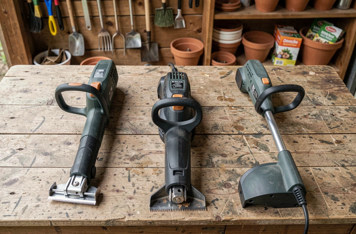 Comparaison de trois modèles de taille-bordures posés sur un établi en bois dans un atelier de jardin