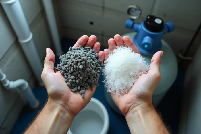 Comparaison entre ancien verre de filtration usé et nouveau verre filtrant pour piscine