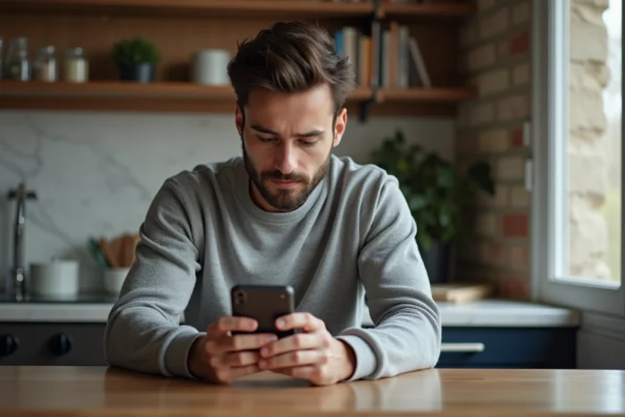 Jeune homme comparant des offres bancaires françaises sur son smartphone depuis son appartement