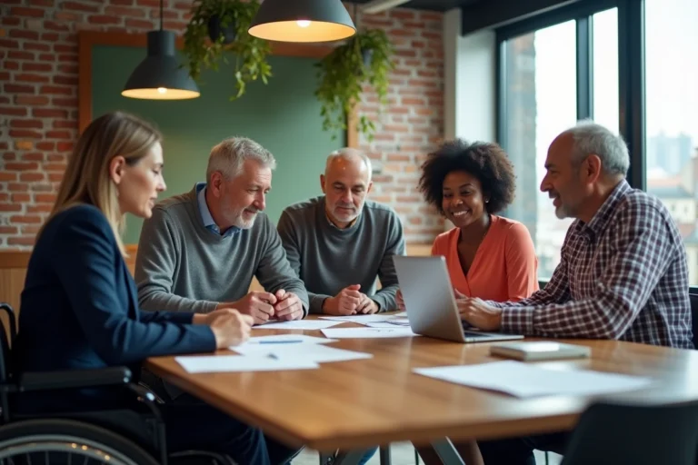 Groupe de collègues divers et inclusifs réunis autour d'une table de réunion en bois dans un bureau moderne, incluant une femme en fauteuil roulant et des personnes de différentes origines culturelles collaborant ensemble