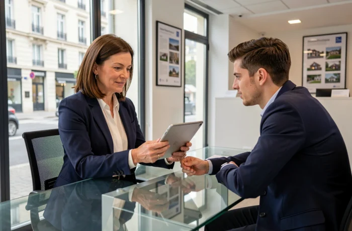 Conseillère en crédit immobilier présentant une offre de prêt sur tablette à un client dans une agence moderne
