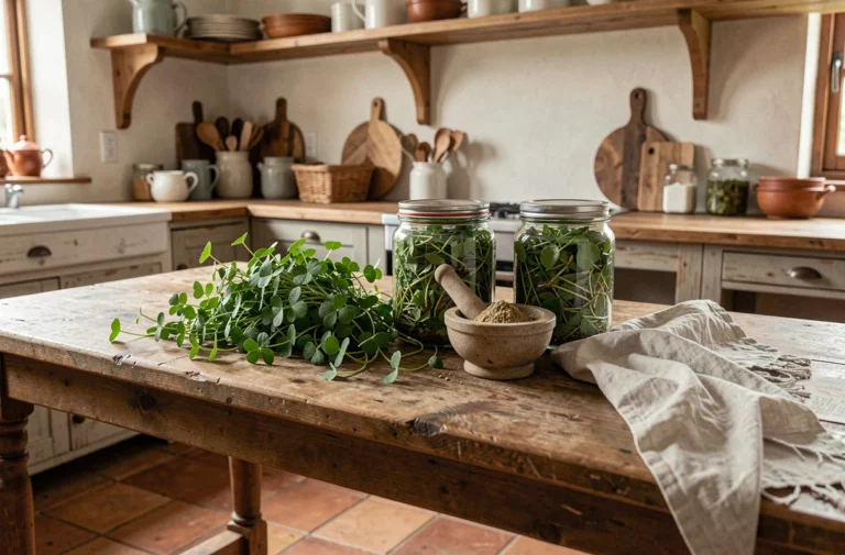 Table rustique avec du pourpier frais, des bocaux de conservation et des herbes séchées dans une cuisine campagnarde