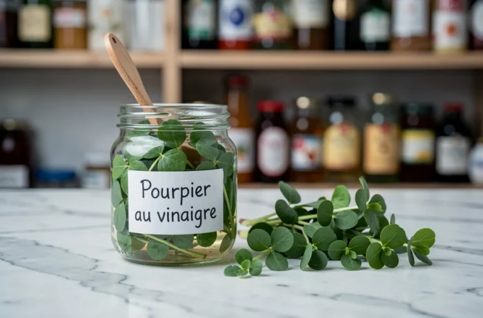 Bocal de pourpier conservé dans du vinaigre blanc prêt à utiliser comme condiment sur un plan de travail en marbre