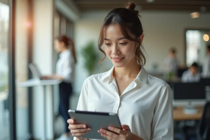 Assistante consultant la messagerie PIAL Nancy Metz sur une tablette dans un bureau administratif