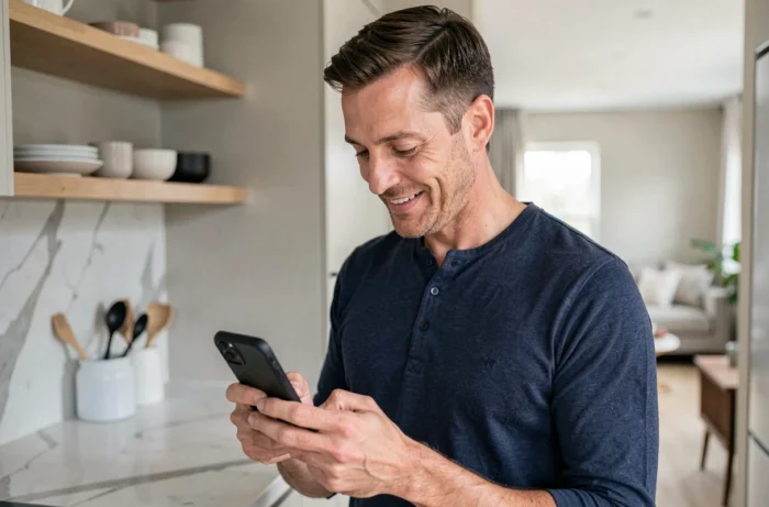 Père envoyant un message à l'équipe Pause Bébé depuis sa cuisine moderne