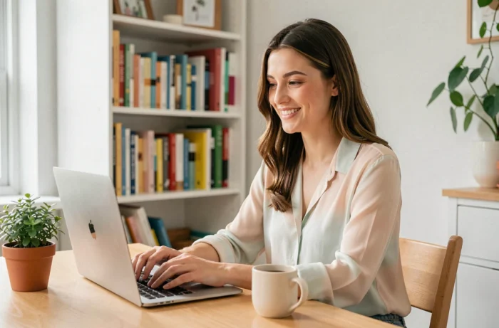 Jeune femme souriante contactant l'équipe Pause Bébé depuis son bureau à domicile