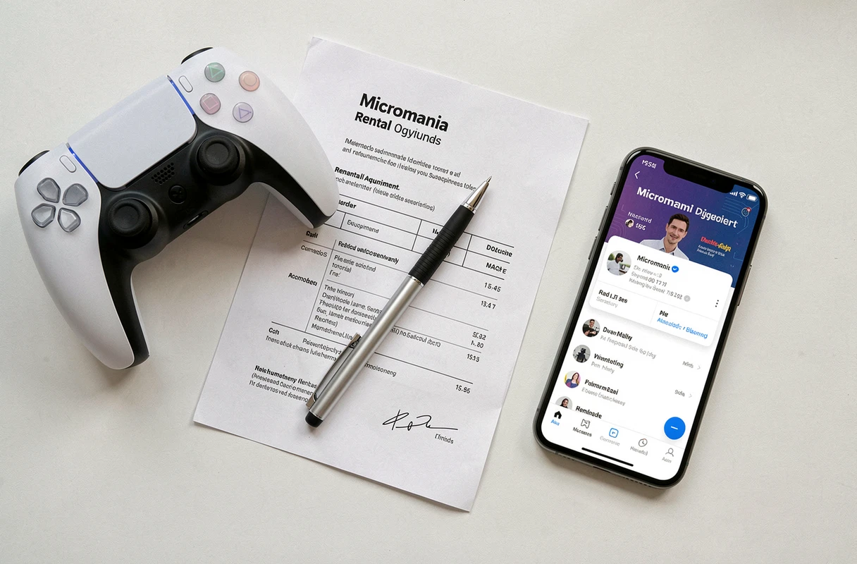 Manette DualSense PS5 posée à côté d'un contrat de location et d'un smartphone affichant une application Micromania sur un bureau blanc